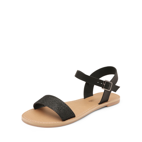 Ankle Strap Open Toe Flat Sandals - BLACK GLITTER -  0